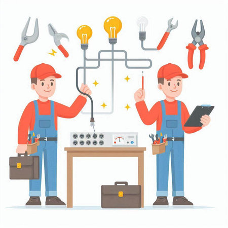 Electrician and electrician with tools. Vector illustration in cartoon styleのイラスト素材