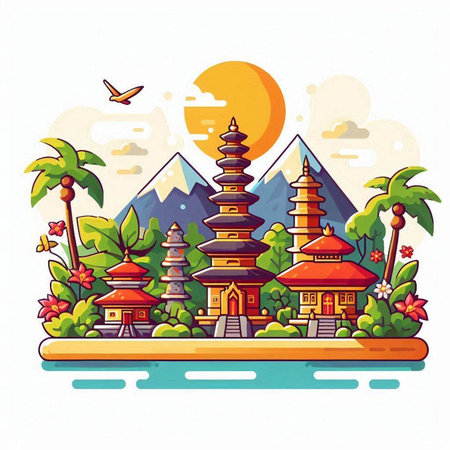 Pura Ulun Danu temple in Bali, Indonesia. Vector illustrationのイラスト素材