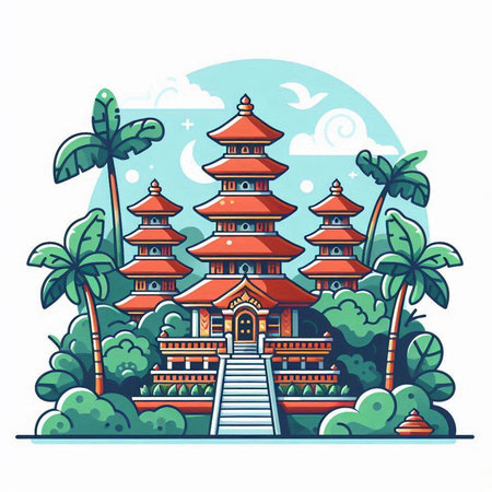Pagoda and palm trees. Vector illustration on white background.のイラスト素材