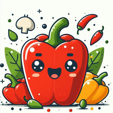 Cartoon bell pepper vector illustration. Vegetable character with happy face.のイラスト素材