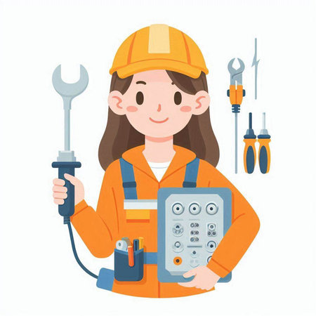 Female electrician holding a wrench and screwdriver. Vector illustration.のイラスト素材