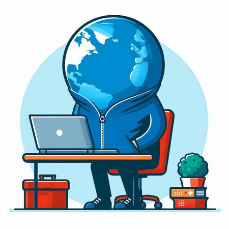 Vector illustration of a man with a laptop and a globe in his handsのイラスト素材