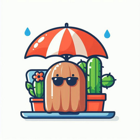 Cute cactus with umbrella. Vector illustration in cartoon style.のイラスト素材
