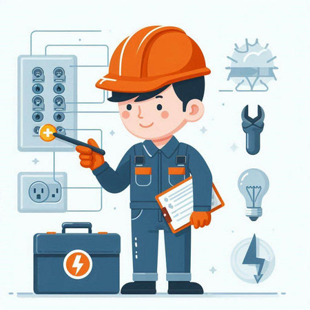 Electrician with tools. Vector illustration in cartoon style on white background.のイラスト素材
