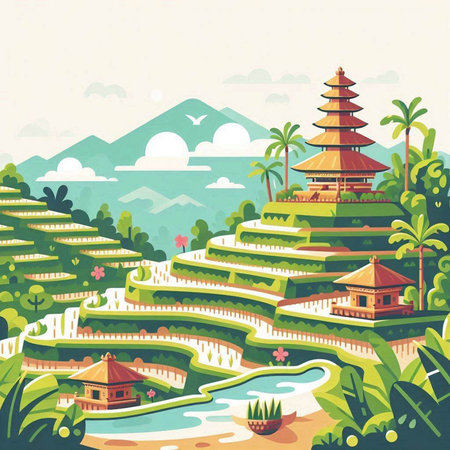 Terraced rice field landscape with pagoda. Vector illustration.のイラスト素材