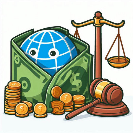 Illustration of a Justice Concept with a Globe, Money and Gavelのイラスト素材
