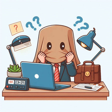 illustration of a businessman hiding his face behind a blanket at workのイラスト素材
