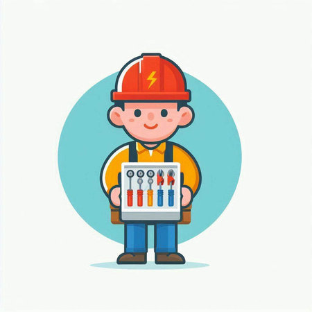 Cartoon construction worker holding toolbox. Vector illustration. Flat design.のイラスト素材