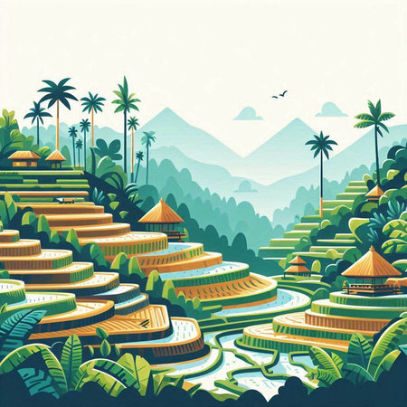 Illustration of rice terraces in Bali, Indonesia. Vector illustrationのイラスト素材
