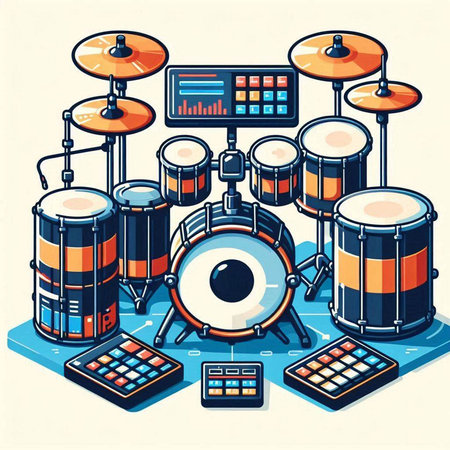 Drum set, musical instruments. Vector illustration in cartoon style.のイラスト素材