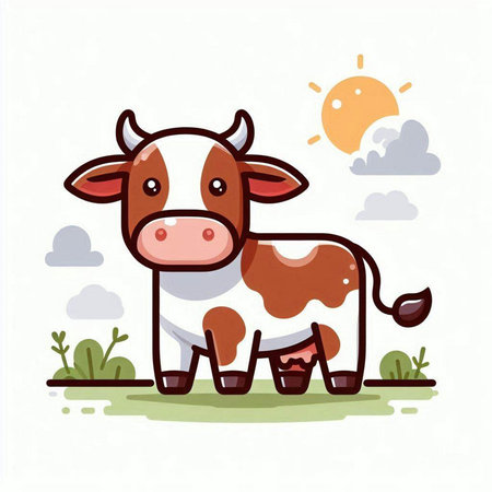 Cute cartoon cow standing on the grass with sun and clouds. Vector illustration.のイラスト素材