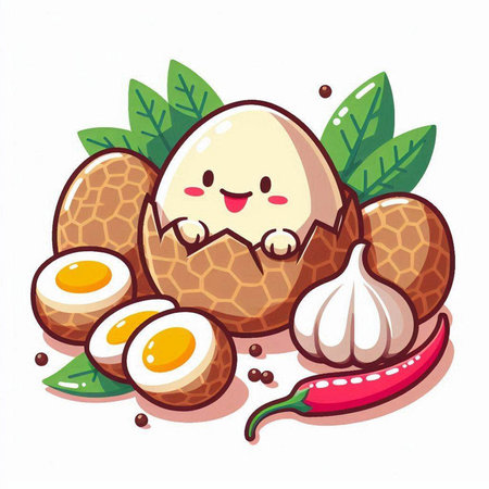 Illustration of a cute cartoon character with a smiley face holding an egg.のイラスト素材