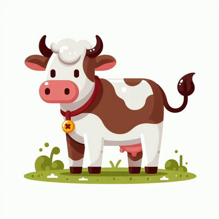 Cute cartoon cow standing on the grass. Vector illustration isolated on white background.のイラスト素材