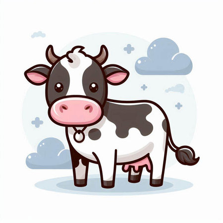 Cute cartoon cow standing in the clouds. Vector illustration of a cow.のイラスト素材