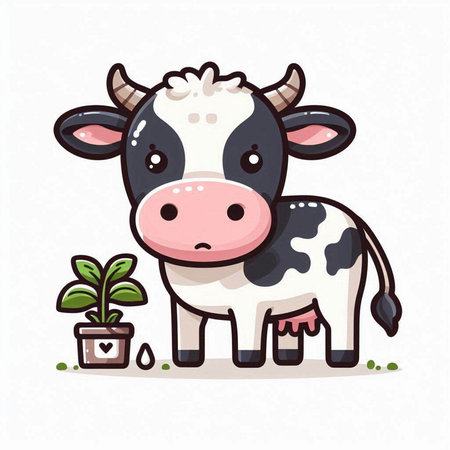 Cute cartoon cow with plant. Vector illustration. Cute farm animal.のイラスト素材