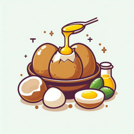 Vector illustration of boiled egg in a bowl with spoon and eggs.のイラスト素材