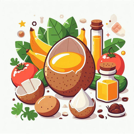 Vegetarian food concept. Vector illustration in cartoon style with fruits and vegetables.のイラスト素材