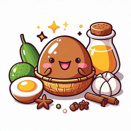 Illustration of kawaii egg in basket with ingredients on white backgroundのイラスト素材