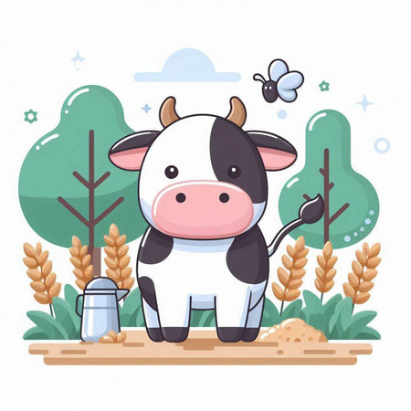 Cute cartoon cow with a bucket of water in the field. Vector illustrationのイラスト素材