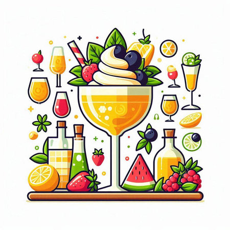 Vector illustration of ice cream in a glass with fruits and berries.のイラスト素材