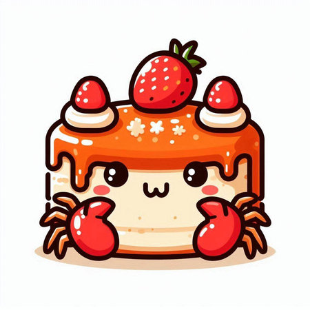 Cute cartoon strawberry cake character. Vector illustration isolated on white background.のイラスト素材