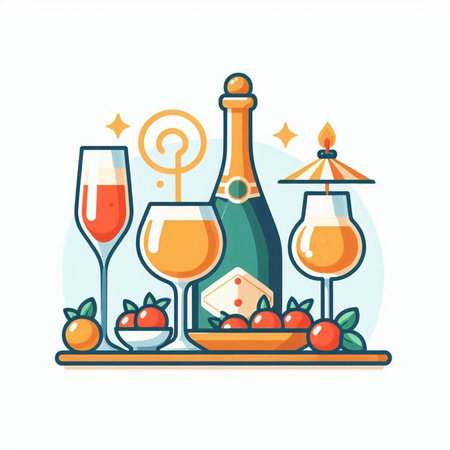 Bottle of champagne, glasses of wine and fruits. Vector illustration.のイラスト素材