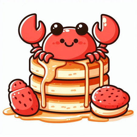 Cute cartoon pancakes with red crab and strawberries. Vector illustration.のイラスト素材