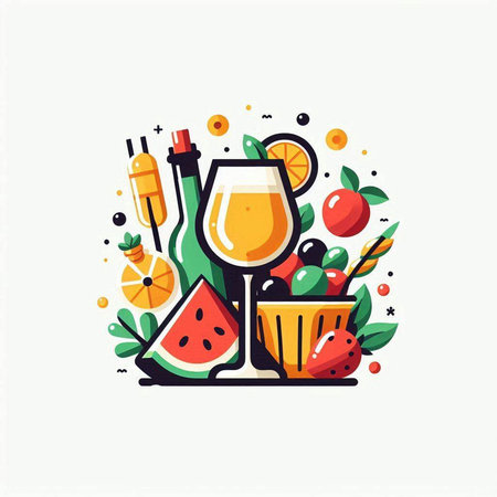 Colorful flat vector illustration of alcoholic drinks with fruits and berries.のイラスト素材