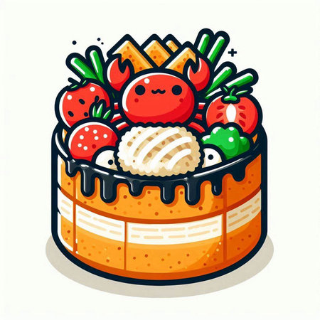 Cartoon illustration of a cake with fruits and vegetables on a white backgroundのイラスト素材