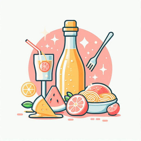 Vector illustration of a bottle of orange juice, ice cream, lemonade, grapefruit slices and a fork.のイラスト素材