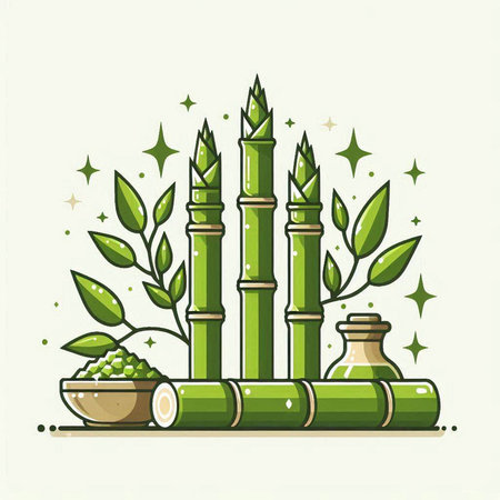 Vector illustration of green bamboo with leaves and bowl of green peas.のイラスト素材