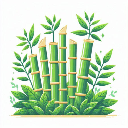 Bamboo and leaves. Vector illustration in flat style on white background.のイラスト素材