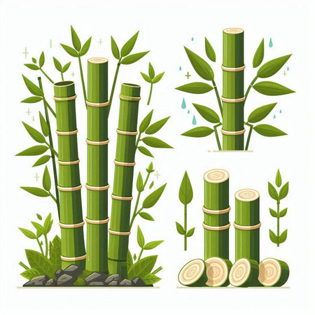 Set of bamboo plants and leaves isolated on white background. Vector illustration.のイラスト素材