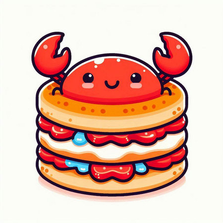 Cute cartoon crab with a stack of cookies. Vector illustration.のイラスト素材