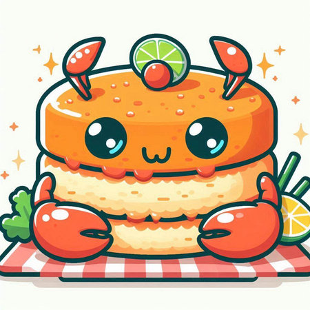 Cute kawaii cartoon orange cake on a checkered tableclothのイラスト素材