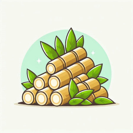 Sugar cane with green leaves in cartoon style. Vector illustration.のイラスト素材