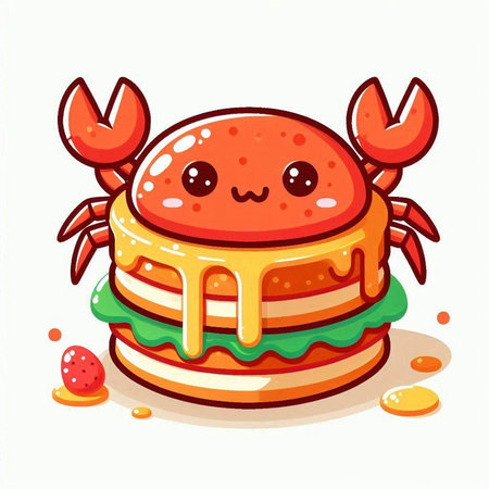 Cute smiling crab with hamburger. Vector cartoon character illustration.のイラスト素材