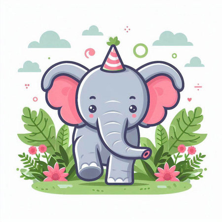 Cute cartoon elephant with party hat and flowers. Vector illustration.のイラスト素材