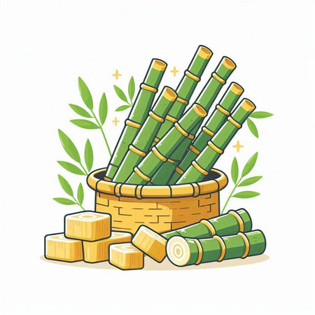 Bamboo basket with bamboo leaves and sugar cubes. Vector illustration.のイラスト素材