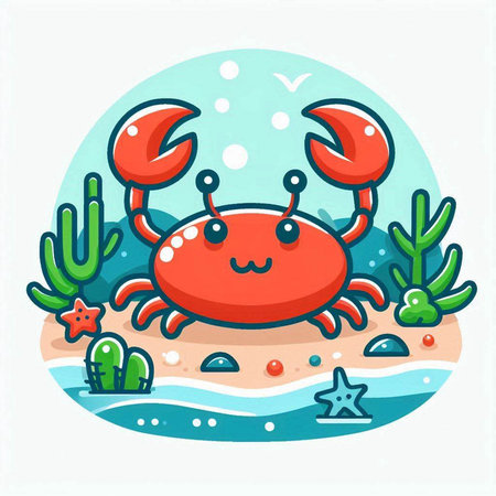 Cute cartoon crab on the seashore. Vector illustration.のイラスト素材