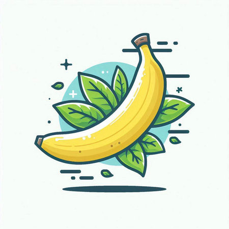 Banana fruit with green leaves. Vector illustration. Flat style.のイラスト素材