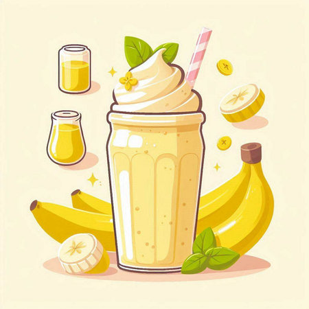 Banana smoothie in a glass with ingredients. Vector illustration.のイラスト素材