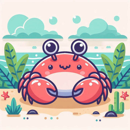 Cute cartoon crab on the beach. Vector illustration in flat styleのイラスト素材