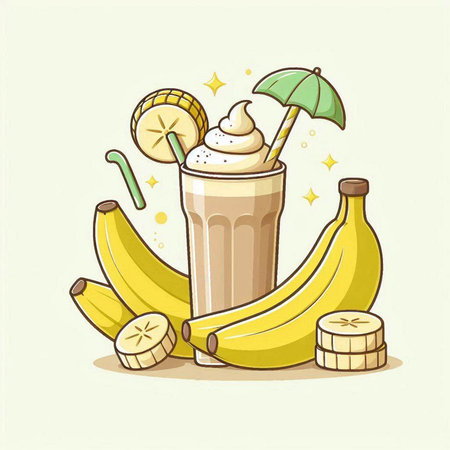 Banana milkshake with ice cream and fruits. Vector illustration.のイラスト素材