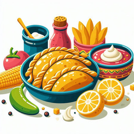 Illustration of a bowl of Mexican food with ingredients - corn, tomatonnaiseのイラスト素材