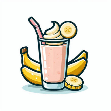 Banana milkshake with whipped cream and banana slices. Vector illustration.のイラスト素材