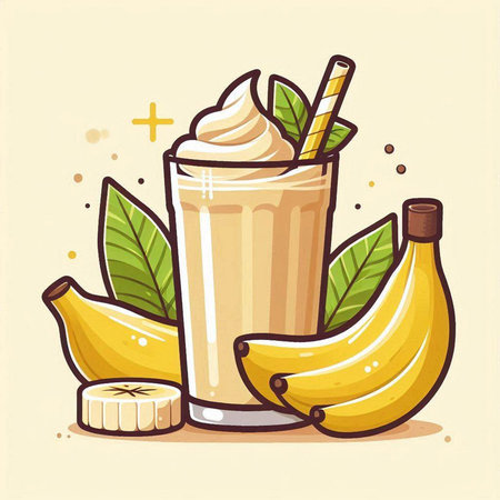 Banana milkshake with whipped cream and fresh bananas. Vector illustration.のイラスト素材