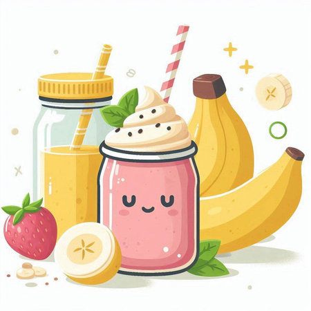Fruit smoothies in a glass jar with a straw, banana, strawberry, coconut. Vector illustration.のイラスト素材
