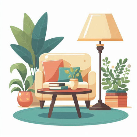 Living room interior with armchair, table lamp and plants. Flat style vector illustration.のイラスト素材