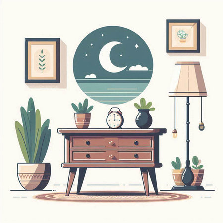 Illustration of interior with nightstand, nightstand, lamp and plants.のイラスト素材